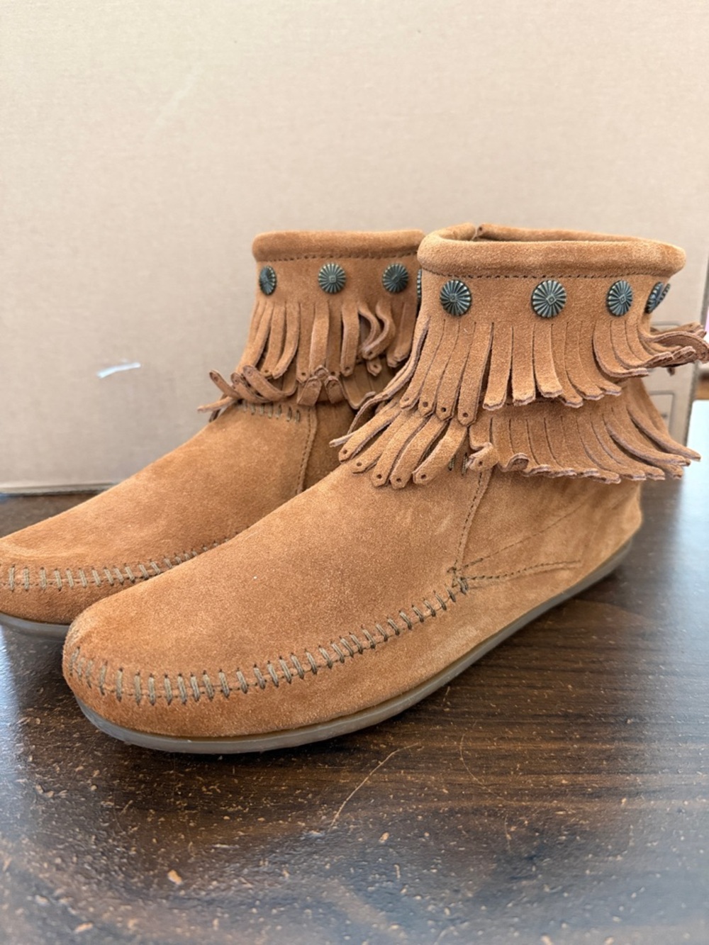 Minnetonka Hardsole Suede Fringe Boots Brown Boho Western Moccasins size 9 10